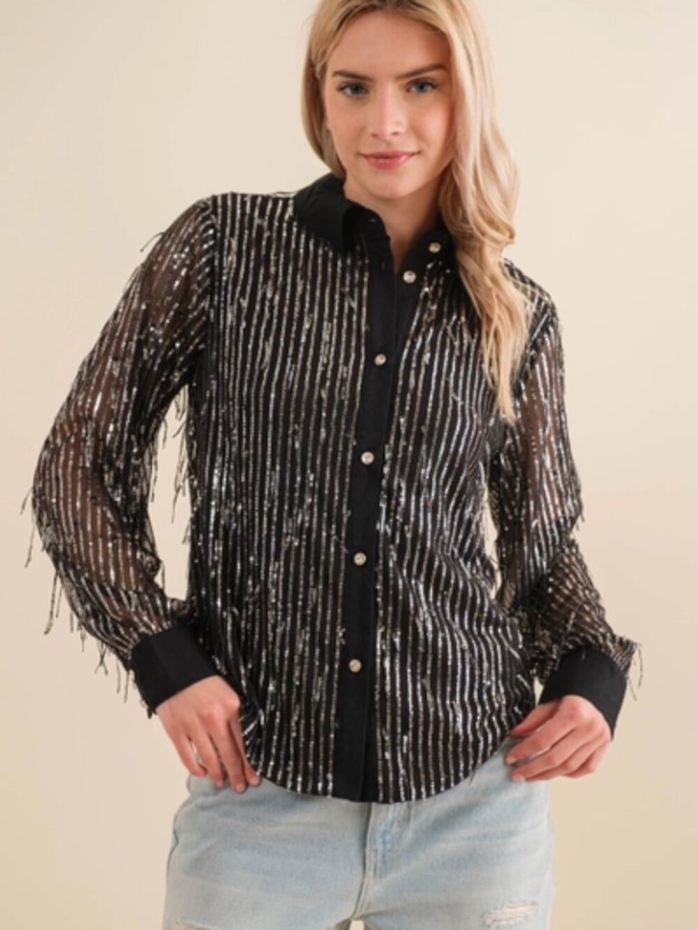 Sequin Fringe Button Up Blouse